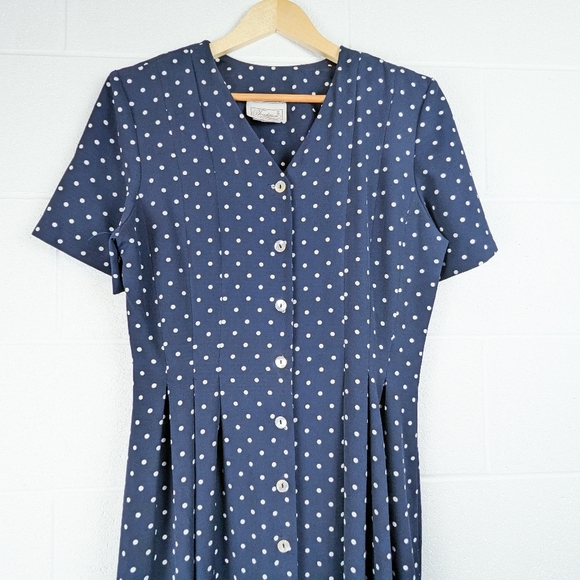 M/L Vintage Traditions Polka Dot Maxi Dress Navy White Button Up Tie Pleated - Picture 3 of 11